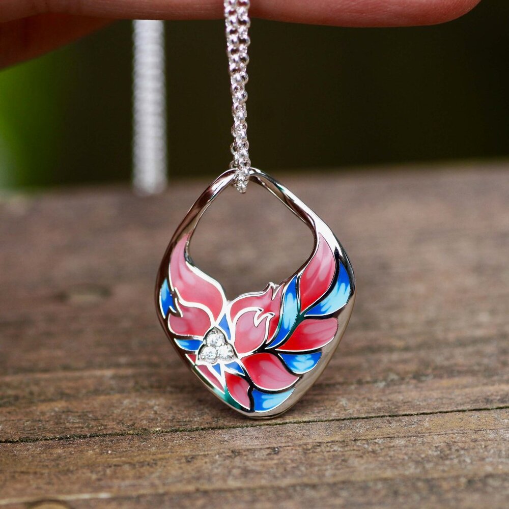Silver Pink Enamel Flower Pendant with Cubic Zirconias, Gardening, Flowers